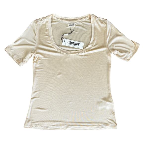 L’AGENCE Felice Top XS Bone Satin Short Sleeve Tee Minimalist Luxury Cream NWT - Picture 2 of 7